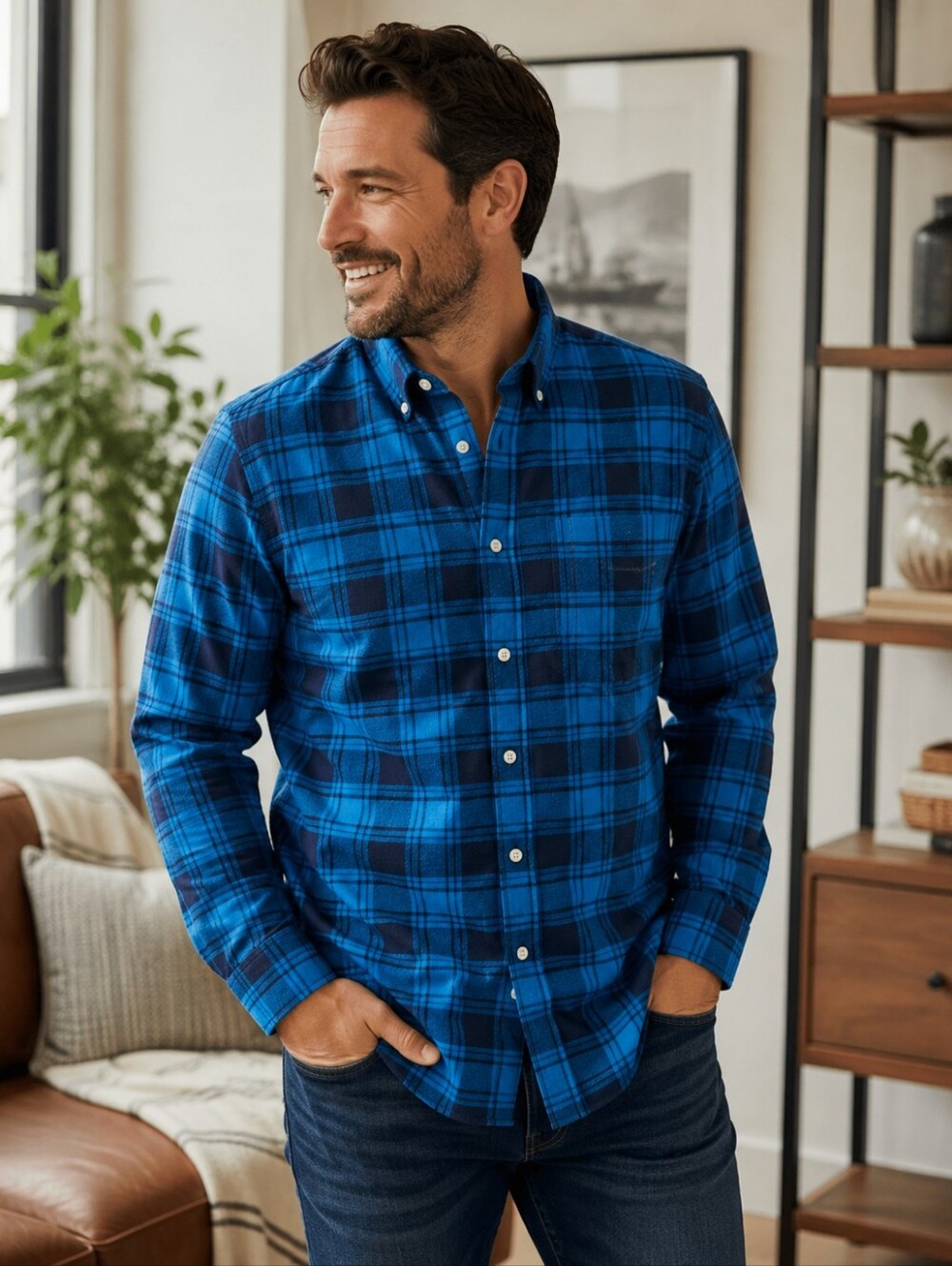Club Room Blue Plaid Flannel Button Down Shirt Large NWT